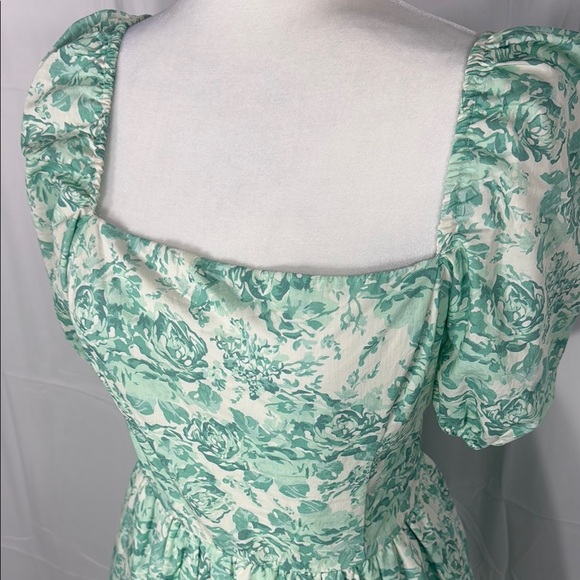 Shabby Chic Floral Green Puff Sleeve Dress Size Medium - Picture 2 of 8